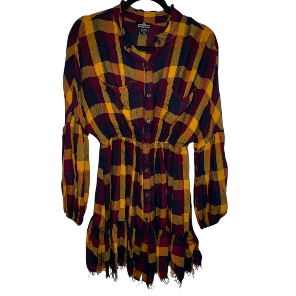 Boho Multicolored Plaid Fringe Bottom-Button Front-Mini Dress